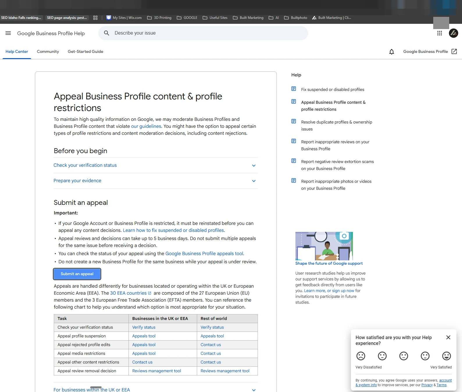Google Business Profile Help page titled Appeal Business Profile content and profile restrictions, showing the Submit an appeal section and a routing table.