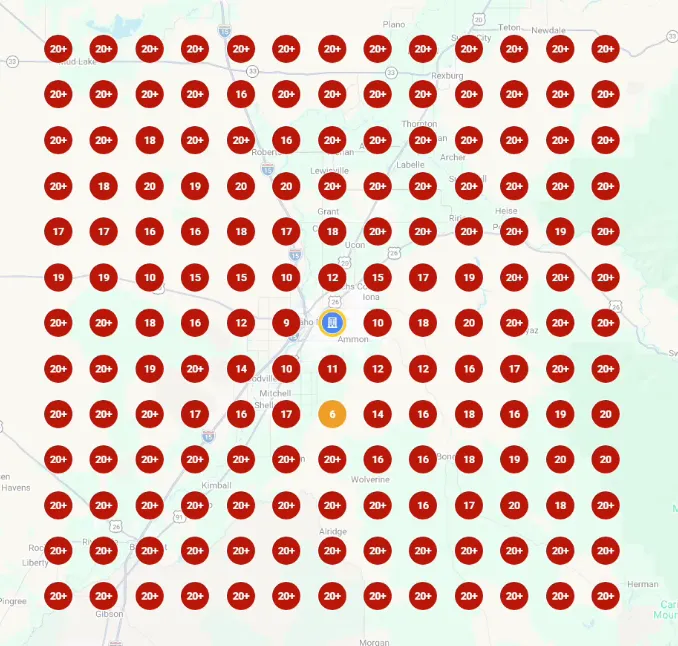 Local Falcon scan of Coatney Fence's 5 review location based profile, with a green ranking bubble near the physical address.