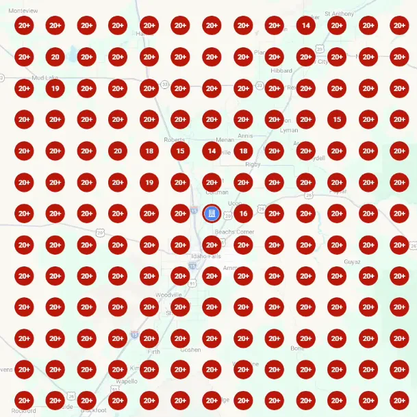 Local Falcon scan of Coatney Fence's 55 review service area profile, almost entirely red, ranking around 53rd across the grid.