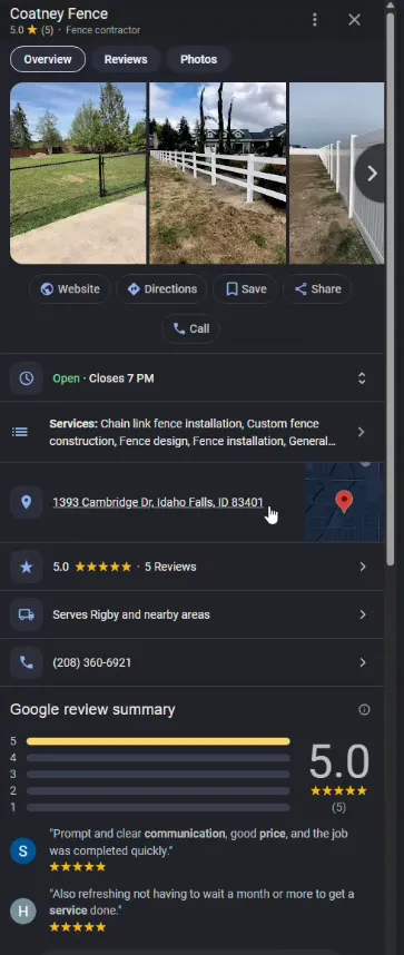 Location based Google Business Profile for Coatney Fence showing a map pin and a physical street address in Idaho Falls.