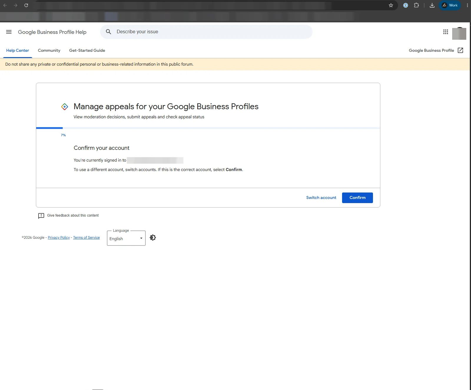 Google Business Profile appeals tool showing the Manage appeals screen and a confirm account step, with the signed-in email blurred.