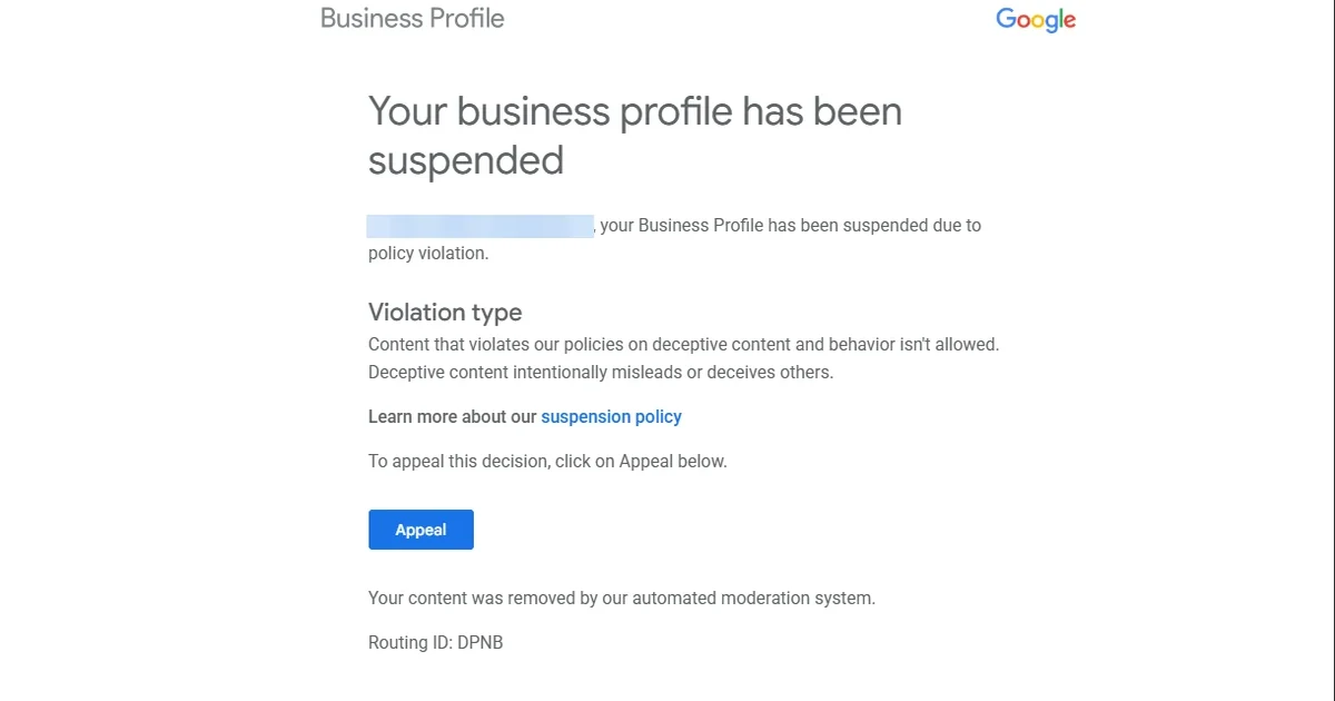 A Google Business Profile suspension email reading 'Your business profile has been suspended' with the business name blurred.