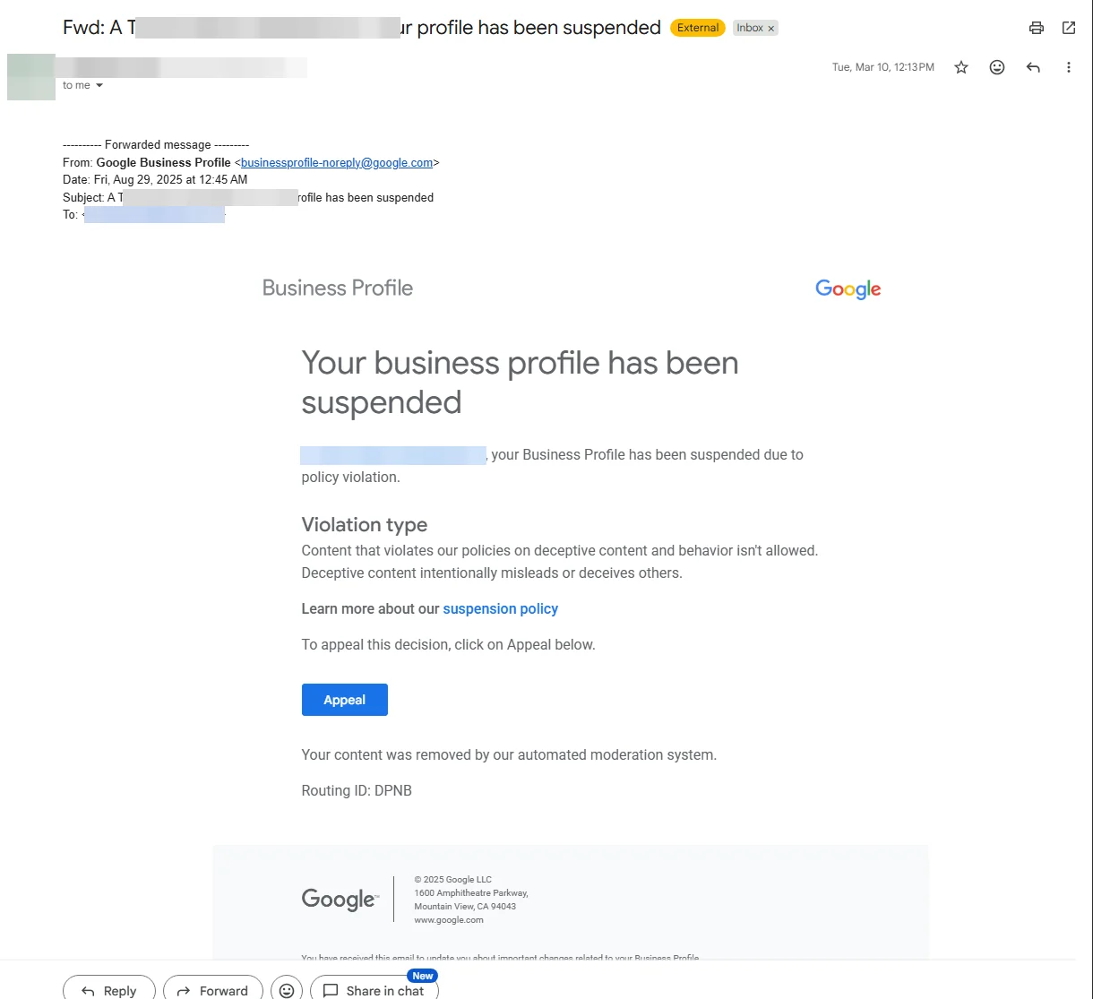 Google Business Profile suspension email showing the violation type as deceptive content and an Appeal button, with names and email addresses blurred.