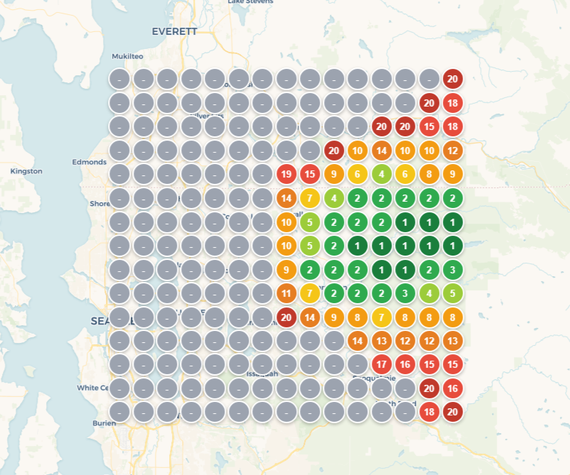 Local Falcon grid scan after one month with Built Marketing — tree care company holding top positions across the competitive core of their service area