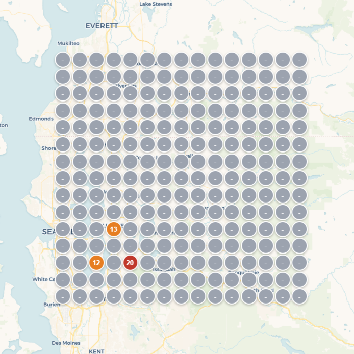 Local Falcon grid scan before Built Marketing — tree care company in Carnation, WA not appearing in the map pack
